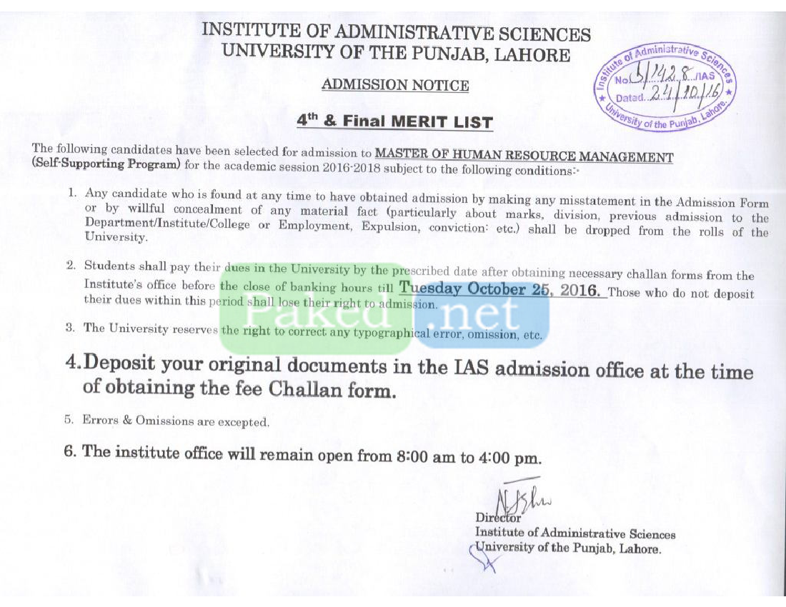 Punjab University Lahore (PU) - 4th Merit List Of Master Of Human ...